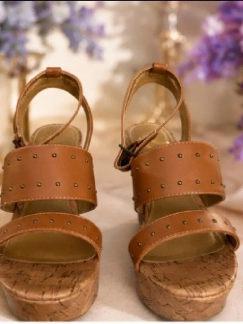 Women’s Tan Studded Cork Wedge Sandals